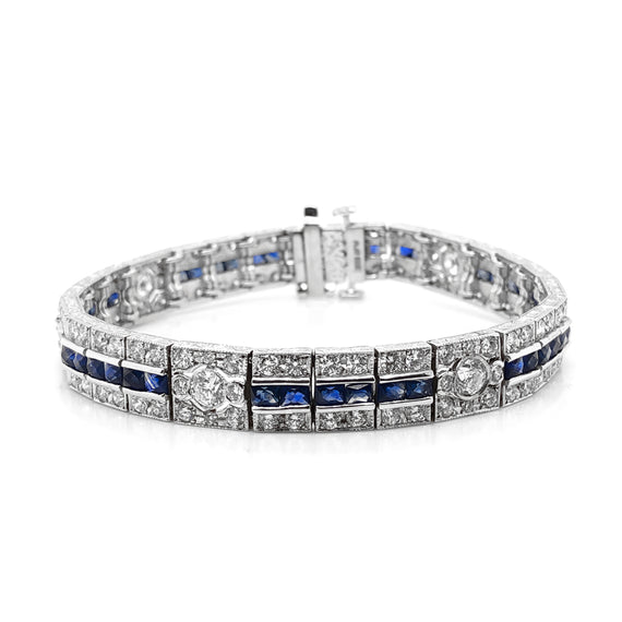 Ceylon french cut sapphires 6.14 carat diamonds platinum bracelet