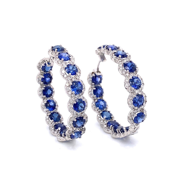 Sapphire Round Cut 13.58 Carat Diamond 18k Gold Hoop Earrings