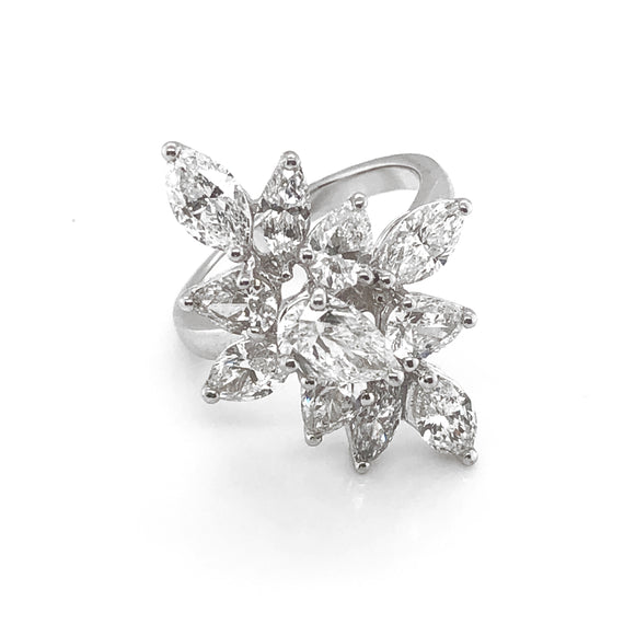 Flower Marquise Pear Cut Diamonds 3.71 Carat Platinum Fashion Ring