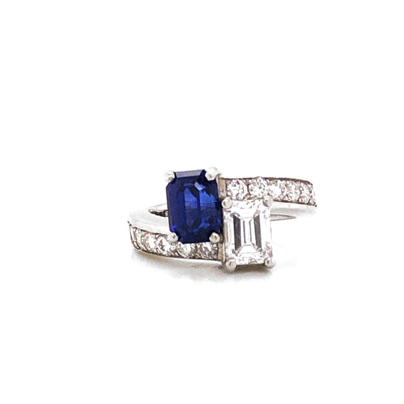 GIA Certified Pair of Emerald Cut Ceylon Sapphire and Diamond Platinum Ring