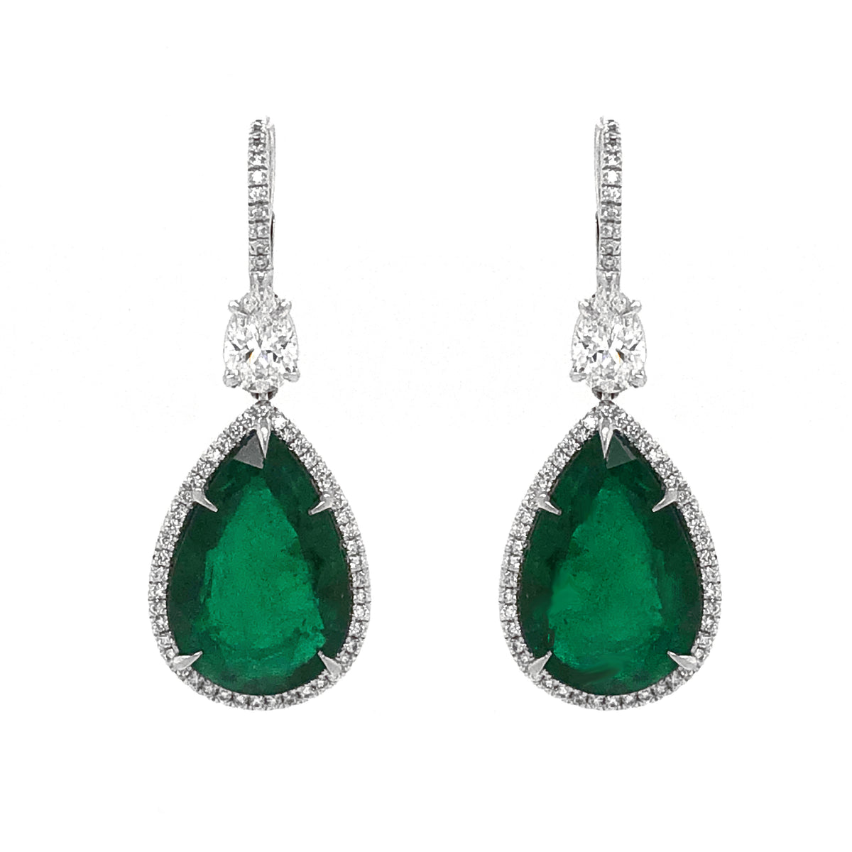 Certified Zambian Pear Emeralds 26.82 Carat Diamonds Platinum Drop Ear ...