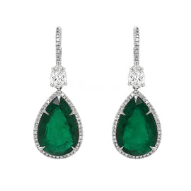 Certified Zambian Pear Emeralds 26.82 Carat Diamonds Platinum Drop Earrings