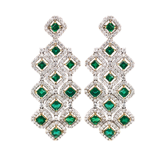 Zambian Square Cut Emeralds 7.11 Carat Chandelier 18k Gold Earrings