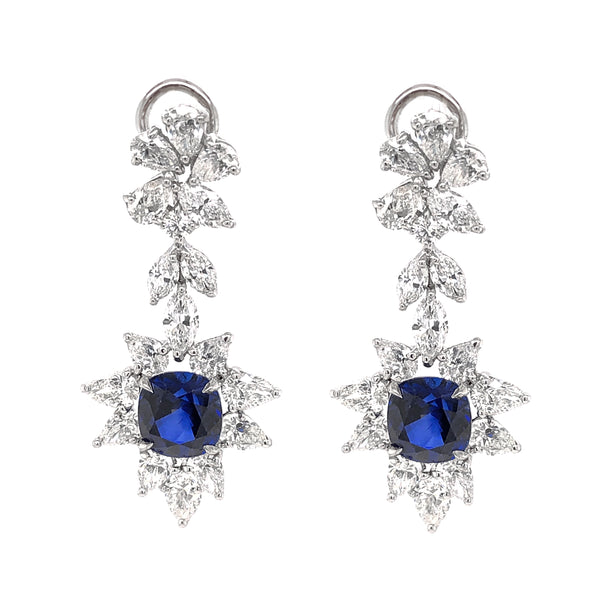 Certified Cushion Cut Ceylon Sapphires 8.38 Carat Diamond Chandelier Platinum Earrings