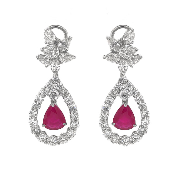 Burmese Pear Cut Ruby 5.94 Carat Diamonds Platinum Earrings