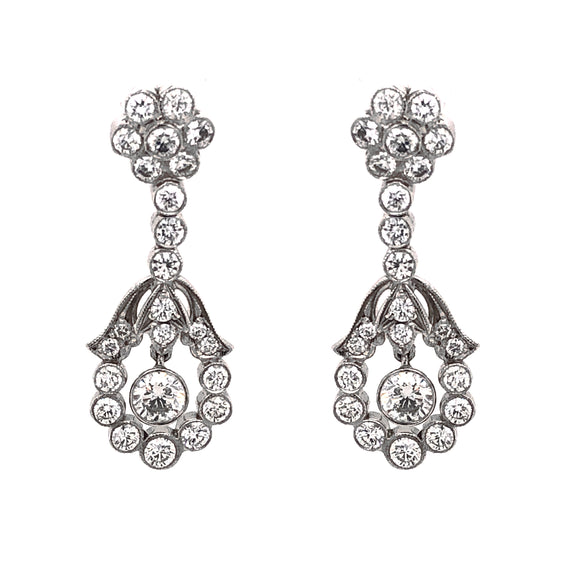 Floral Inspired Round Diamonds 2.36 Carat Platinum Drop Earrings