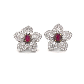 Flower Inspired Emerald Cut Burmese Ruby 2.29 Carat Platinum Earrings