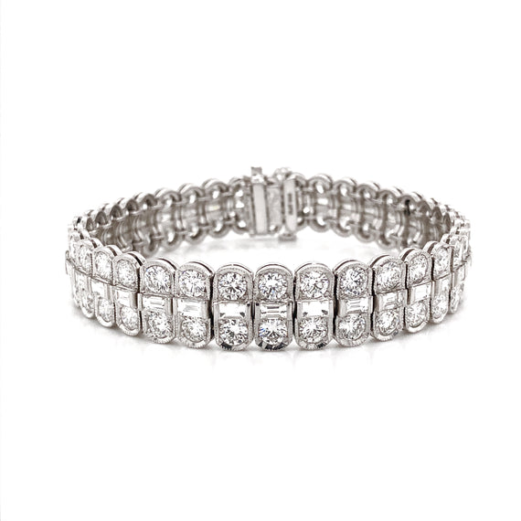 Round Cut White Diamonds 18.09 Carat Platinum Link Tennis Bracelet