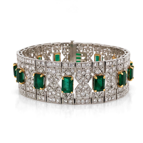 Zambian Emerald Cut Emeralds 13.14 Carat 8.26 Carat Diamond Platinum Bracelet