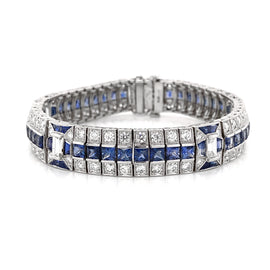 Ceylon French Square Cut Sapphires 14.38 Carat Diamond Platinum Link Bracelet