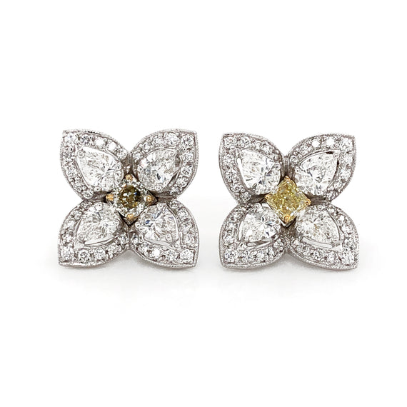 Flower Inspired Square Cut Fancy Yellow Diamond 1.35 Carat Platinum Earrings