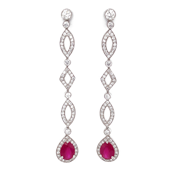 Burmese Pear Cut Ruby 3.84 Carat Round Diamond Dangling Platinum Earrings