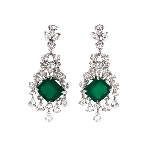 Certified Colombian Emerald Cut Emerald 11.39 Carat Drop Chandelier Platinum Earrings