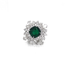 Certified Zambian Cushion Cut Emerald 4.65 Carat Diamond Platinum Cocktail Ring