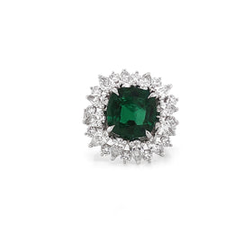 Certified Zambian Cushion Cut Emerald 3.13 Carat Diamond Platinum Cocktail Ring