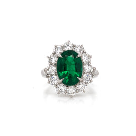 Certified Zambian Oval Cut Emerald 3.22 Carat Total Diamond Platinum Ring