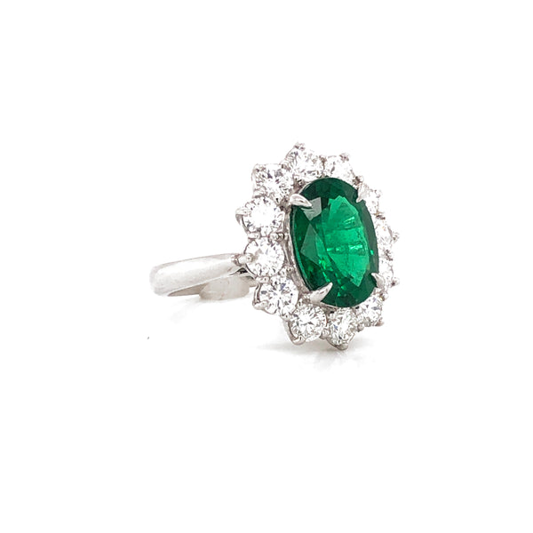 Certified Zambian Oval Cut Emerald 3.22 Carat Total Diamond Platinum Ring