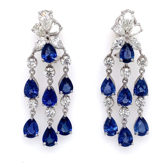 Pear Cut Sapphire Diamonds Chandelier 18K Earrings