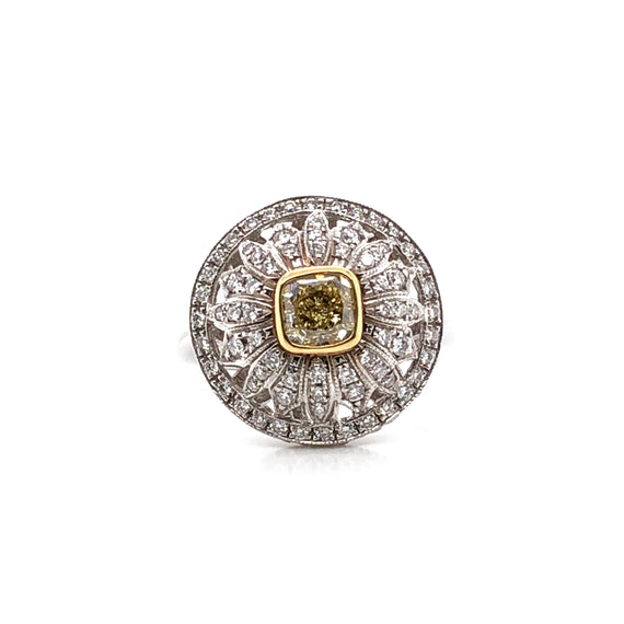 Fancy yellow 0.77 carat white diamond gold platinum cocktail ring