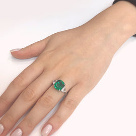 Zambian cushion emerald 5.45 carat half moon diamonds 1.06 ct platinum cocktail ring